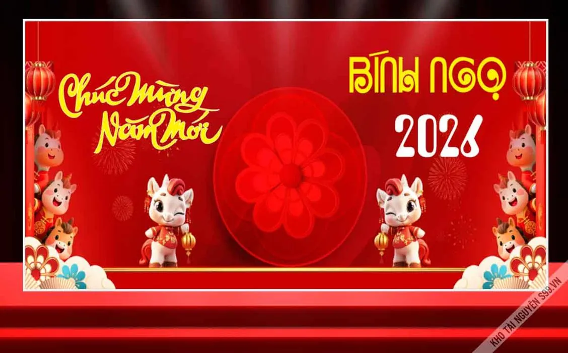 Chúc Mừng Năm Mới Bính Ngọ 2026 – Backdrop Tết Hoạt Hình Ngựa Đáng Yêu - File corel