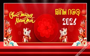 Chúc Mừng Năm Mới Bính Ngọ 2026 – Backdrop Tết Hoạt Hình Ngựa Đáng Yêu - File corel