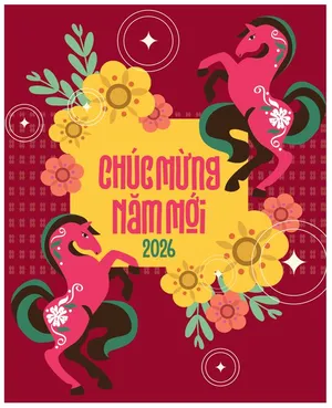 Thiết kế chúc mừng năm mới 2026 với ngựa hồng và hoa mai – File Ai