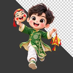 File PNG - Hình ảnh em bé trai mặc áo dài xanh cầm mặt nạ và đèn lồng ngôi sao