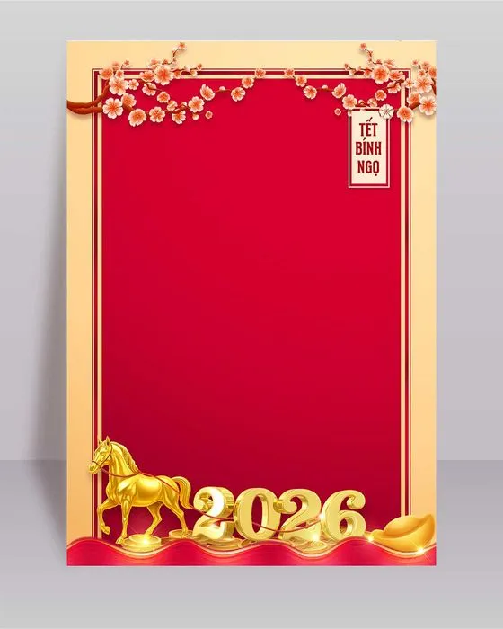 File PSD khung nền Tết Bính Ngọ 2026 đỏ vàng ngựa vàng mai đào