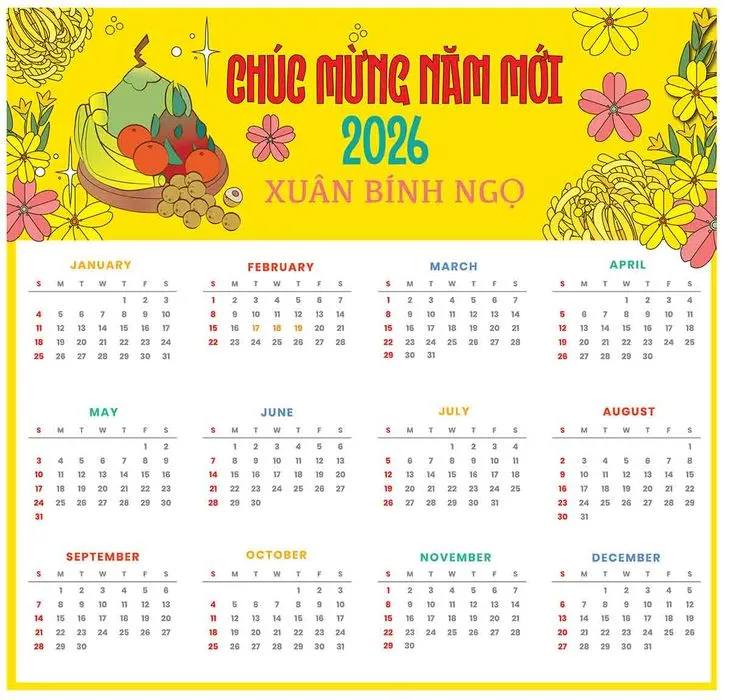 Lịch năm mới 2026 Xuân Bính Ngọ màu vàng, trang trí hoa quả Tết