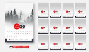 File lịch treo tường 2026 vector phong cách đỏ đen, họa tiết rừng cây mờ ảo