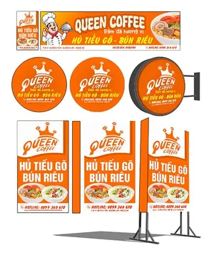 Thiết kế bảng hiệu Queen Coffee hủ tiếu gõ bún riêu File Corel