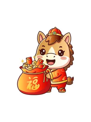 File EPS Chú ngựa hoạt hình tết ôm túi tiền Phúc lớn.