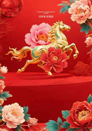File PSD Ngựa vàng giữa hoa mẫu đơn đỏ hồng sang trọng