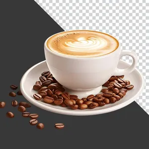 Ly cà phê latte nghệ thuật với hạt cà phê xung quanh File PNG