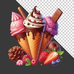 Hình ảnh ba cây kem ốc quế socola dâu tây trang trí trái cây tách nền File PNG