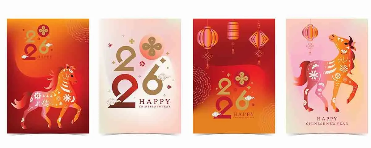 Thiệp Chúc Mừng Năm Mới 2026 Ngựa Đỏ Hoa Văn Đẹp