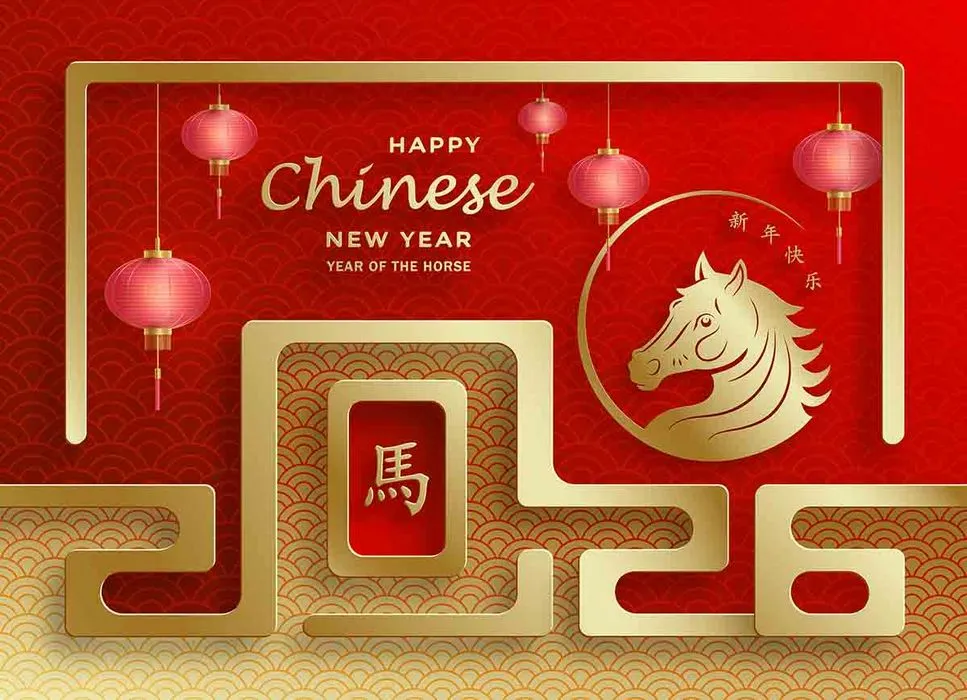 Thiết kế Tết 2026 Year of the Horse phối màu đỏ vàng kèm lồng đèn