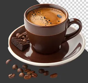 Hình ly cà phê nâu nóng cùng hạt cà phê và bánh chocolate PNG