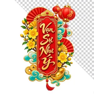 Liễn Vạn Sự Như Ý lồng đèn hoa mai thỏi vàng đỏ.PNG