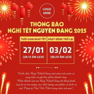 Thông báo lịch nghỉ Tết Nguyên Đán 2025 với pháo hoa và đèn lồng đỏ - File Vector