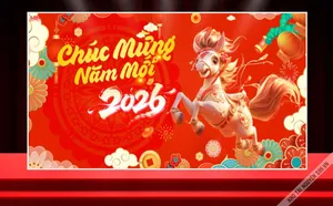File corel Hình ảnh Ngựa hoạt hình dễ thương Chúc Tết 2026 nền đỏ hoa văn cổ truyền