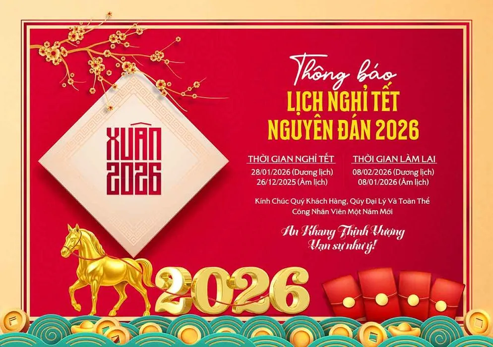 Thiết kế lịch nghỉ Tết Nguyên Đán 2026 File PSD màu đỏ vàng sang trọng