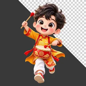 Hình ảnh em bé trai mặc áo dài vàng đánh trống hội tách nền PNG chất lượng cao