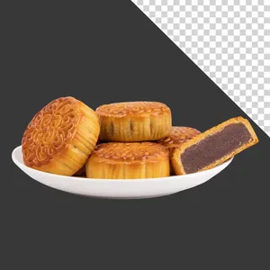 Bánh trung thu nhân đậu đỏ trên đĩa trắng – File PNG không nền