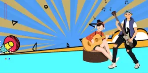 Background hoạt hình đôi bạn chơi guitar bass JPG đẹp