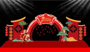 Sân khấu tết 2026 cổng đỏ thần tài cưỡi ngựa File corel