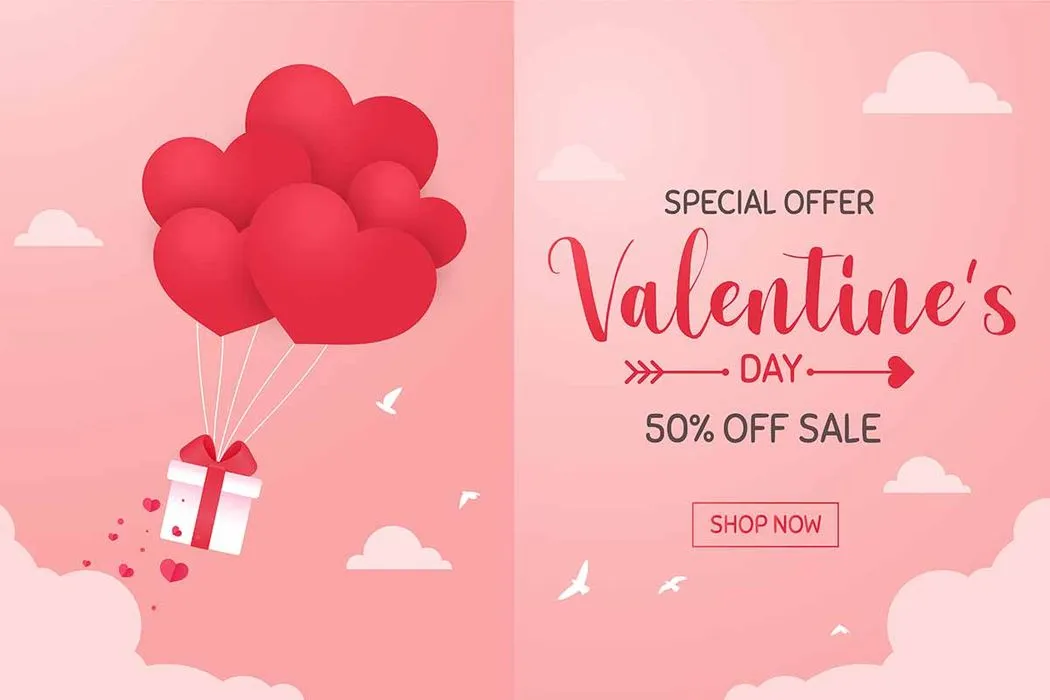 Thiết kế Valentine bóng tim đỏ khuyến mãi 50 phần trăm File EPS
