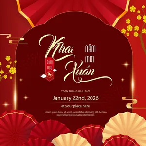 File vector AI thiệp mời khai xuân năm mới 2026 với hoa mai vàng và quạt đỏ trang trí
