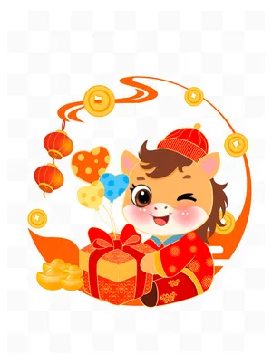 Bé Ngựa Bên Hộp Quà Tết Và Thỏi Vàng May Mắn  File PSD