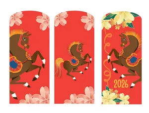 Bao lì xì Tết Bính Ngọ 2026 ngựa dũng mãnh nền đỏ Vector
