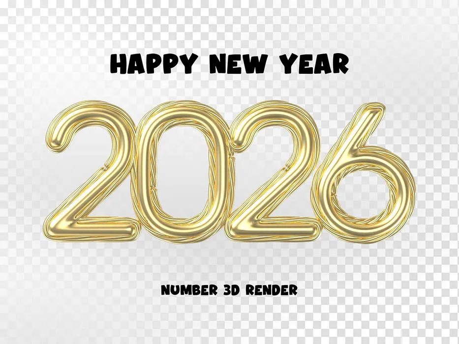 Số 2026 vàng kim 3D kiểu bóng bay chúc mừng năm mới – File PNG