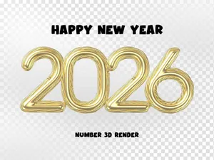 Số 2026 vàng kim 3D kiểu bóng bay chúc mừng năm mới – File PNG