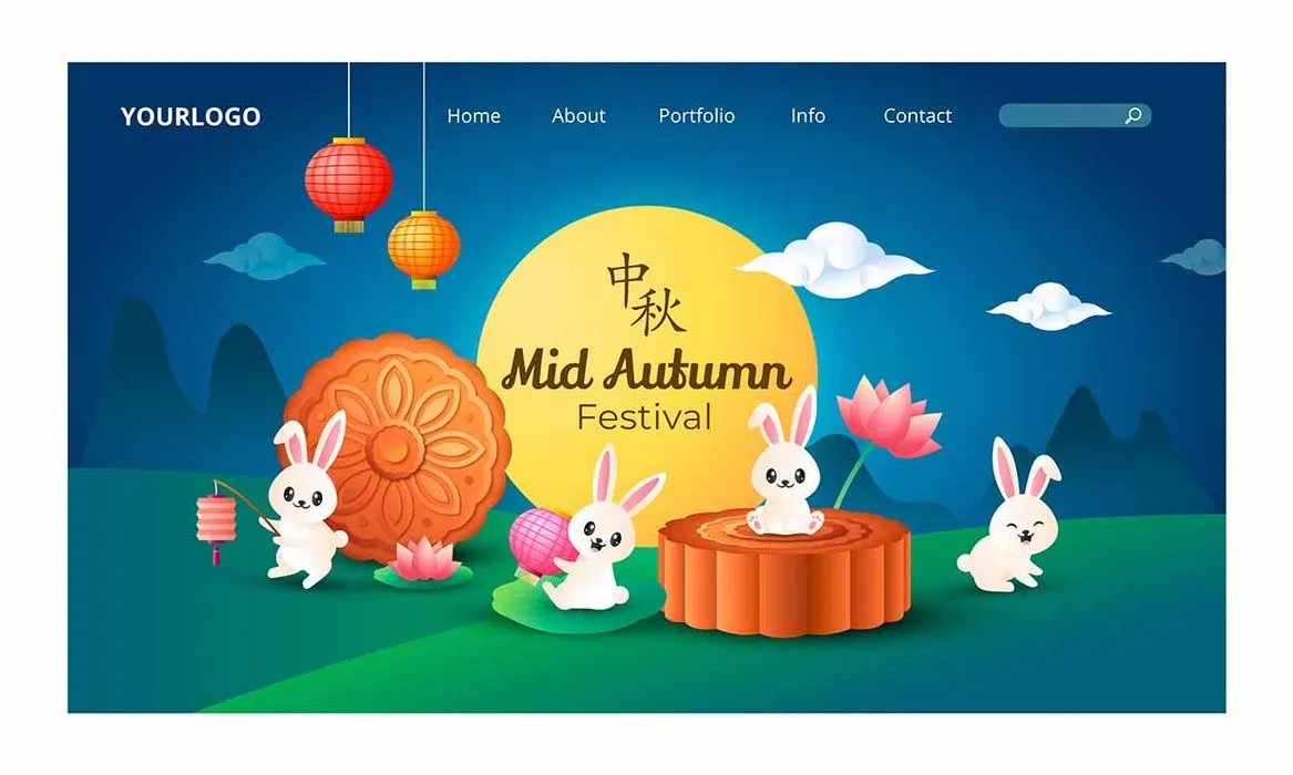 File Ai minh họa Trung Thu với bánh trung thu, trăng tròn, đèn lồng và thỏ trắng đáng yêu.