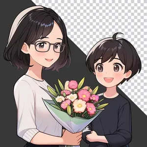 File PNG hình ảnh cô và trò tươi cười cầm bó hoa