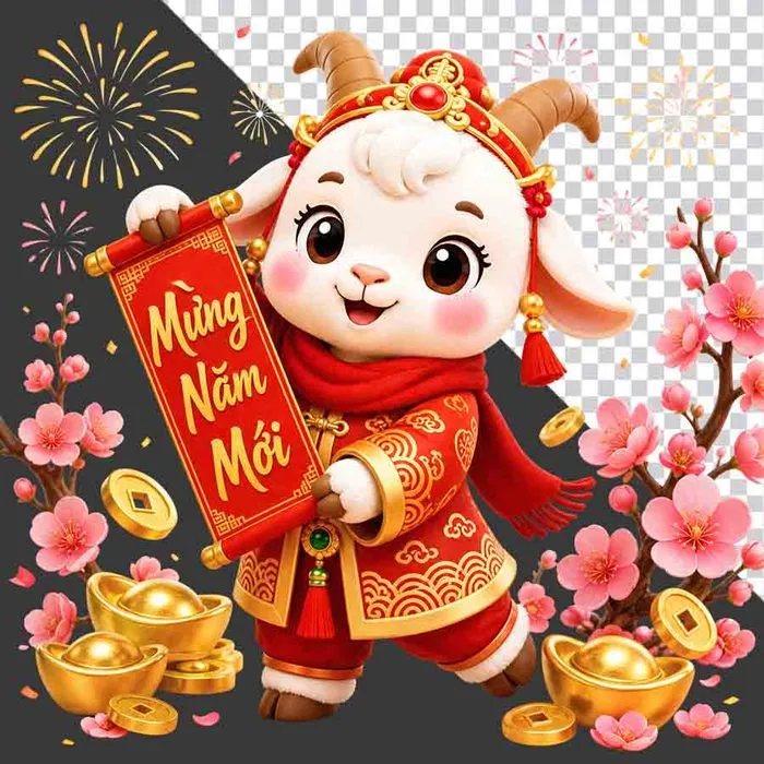 Hình ảnh dê mặc áo dài đỏ chúc Tết - File PNG