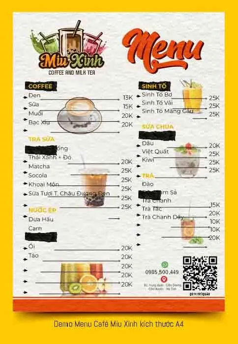Mẫu thiết kế menu quán Miu Xinh Coffee and Milk Tea kích thước A4 File Corel