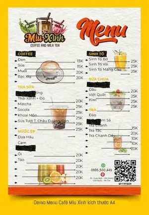 Mẫu thiết kế menu quán Miu Xinh Coffee and Milk Tea kích thước A4 File Corel