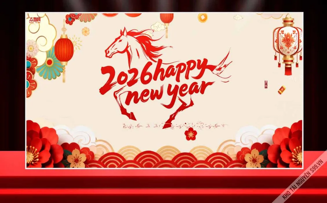 Ngựa đỏ đón xuân 2026 Happy New Year nền kem trang trí hoa và lồng đèn File corel