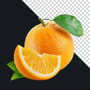 Quả cam tươi nguyên với lá xanh nổi bật, lát cam mọng nước ở giữa File PNG