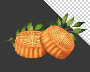 Bánh trung thu minh họa nghệ thuật kèm lá xanh - File PNG