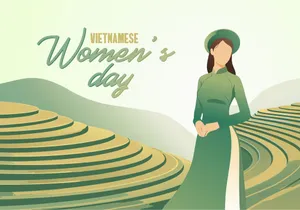 Banner vector phụ nữ Việt Nam nền ruộng bậc thanh màu xanh