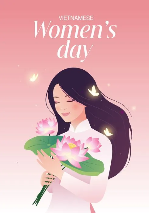 Banner vector phụ nữ Việt Nam ôm hoa sen màu hồng