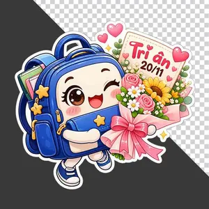 File PNG - Ba lô học sinh xanh dương nháy mắt ôm bó hoa và thiệp Tri ân 20 tháng 11