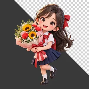 File PNG - Nữ sinh mặc đồng phục đeo nơ tóc ôm bó hoa tri ân 20 tháng 11