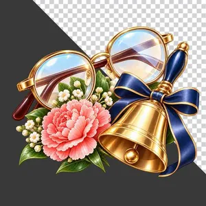 Chuông vàng kính mắt hoa cẩm chướng nơ xanh tri ân thầy cô  - PNG