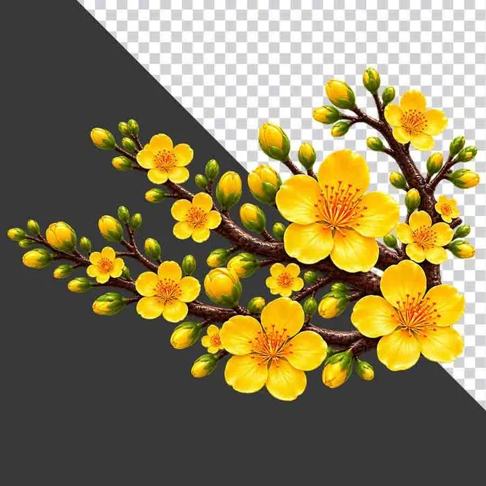 Cành hoa mai vàng chùm tụ tài lộc nhánh phụ - File PNG
