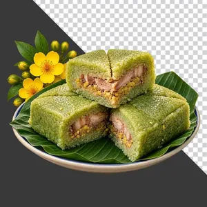 Đĩa bánh chưng cắt miếng nhân thịt đậu xanh trang trí hoa mai ngày Tết - File PNG