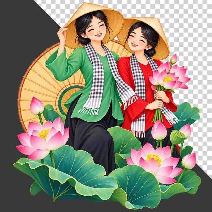 Hai thiếu nữ mặc áo bà ba xanh đỏ khăn rằn đội nón lá ôm hoa sen bên đầm sen hồng - PNG