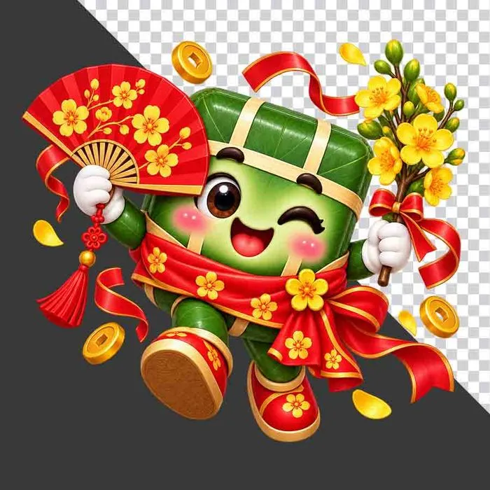 Bánh chưng cầm quạt xếp đỏ cành hoa mai tài lộc - File PNG