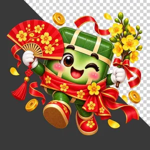 Bánh chưng cầm quạt xếp đỏ cành hoa mai tài lộc - File PNG