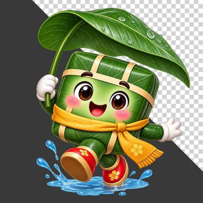 Nhân vật hoạt hình bánh chưng che ô lá dong vẫy tay vui tươi giẫm nước - File PNG
