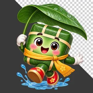 Nhân vật hoạt hình bánh chưng che ô lá dong vẫy tay vui tươi giẫm nước - File PNG