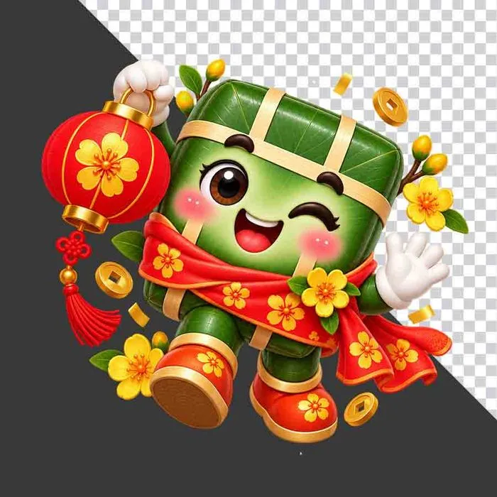 File PNG - Nhân vật hoạt hình bánh chưng tay cầm đèn lồng đỏ tiền vàng hoa mai